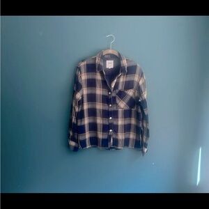 Aerie navy blue and tan‎ plaid button down shirt woman’s XS